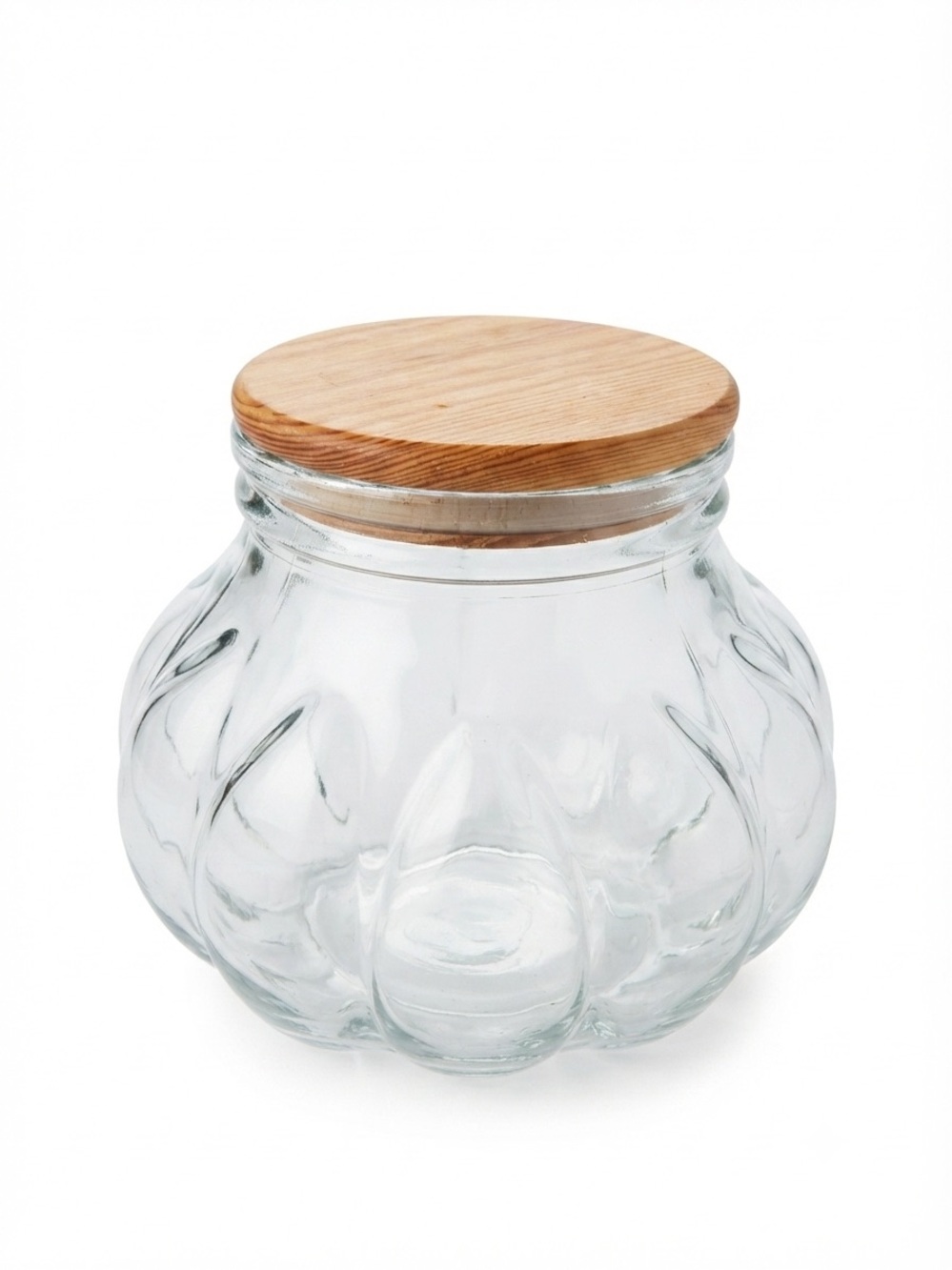 Vintage Pumpkin Potbelly Glass Apothecary Jar. Wood Lid. Canister 7.75" tall